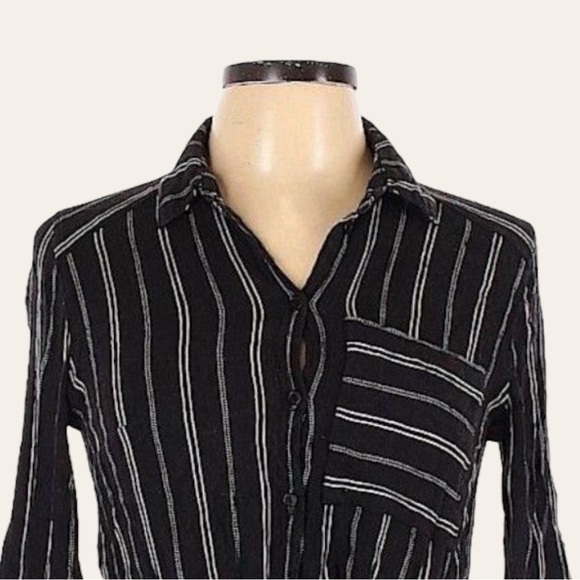 🌺 Vixbe Thompkins 3/4 Sleeve Roll Tab Button Down Tie Front Stripe Shirt Size S - Picture 3 of 9